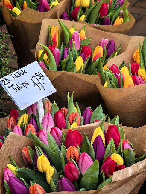 Multiple bouquets of vibrant tulips in shades of pink, purple, yellow, orange, and red, wrapped in brown craft paper, arranged on a surface. The tulips display fresh, smooth petals and green stems wit